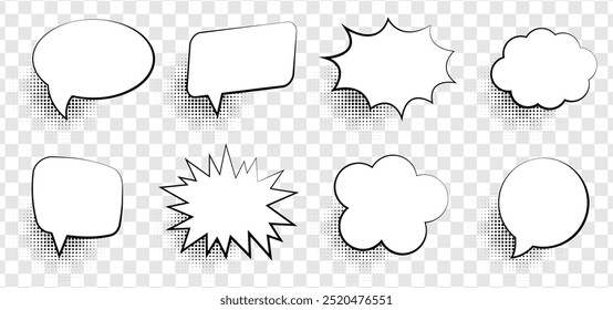 Retro empty comic speech bubbles set with black halftone shadows. Vintage design, pop art style