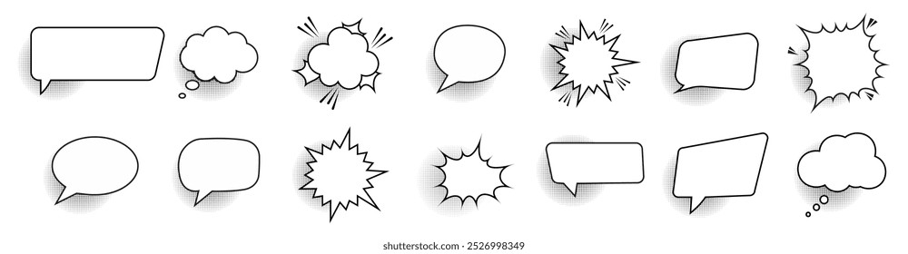 Retro empty comic speech bubbles set with black halftone vintage comic style.