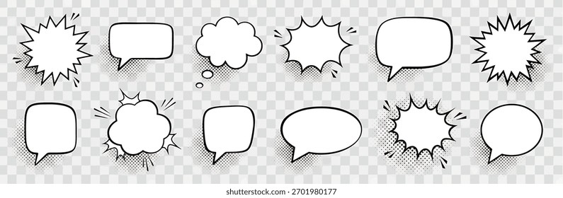Retro empty comic speech bubbles set with black halftone shadows. Vintage design, pop art style - stock vector
