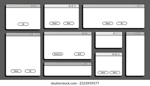 Retro empty pixel computer screens, set of vintage opened pc windows, user interface in monochrome. Vector illustration.	
