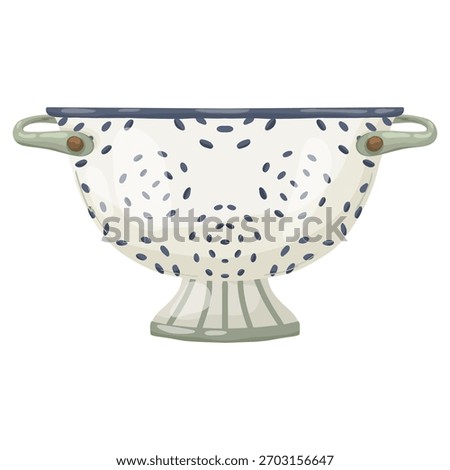 Retro enamel colander with dark dots and handles. Hand-drawn vector illustration in a vintage watercolor style, isolated for kitchen preparation graphics, cooking blogs, and rustic decor.