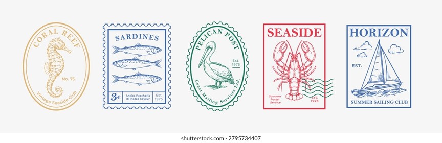 Retro engraved postage stamp collection featuring iconic marine and coastal motifs including sardines, pelican, lobster, seahorse and sailing yacht. Ideal for seafood branding, summer merchandise, labels and travel-inspired graphic design.