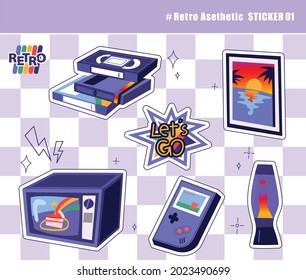 Retro entertainment collection stickers on purple plaid. flat design style vector illustration.