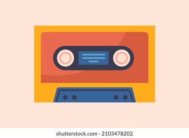 Retro entertainment concept. Poster with old orange cassette for playing music in tape recorder or player. Vintage entertainment device. Design element for printing. Cartoon flat vector illustration