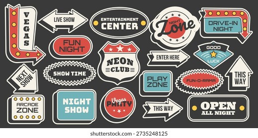 Retro entertainment roadside sticker set. Vintage arrows, badges and signage with fun, club, arcade and show themes. Vector illustration  in midcentury 50s style