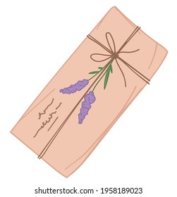 Retro envelope with decorative branch of flower and thread. Isolated vintage letter, gift with writings and bouquet twig. Handmade postcard or invitation on special event. Vector in flat style