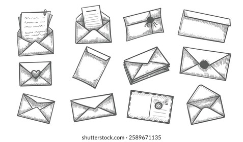 Retro envelope sketch set. Hand drawn opened and closed envelopes with seal and marks isolated vector illustration