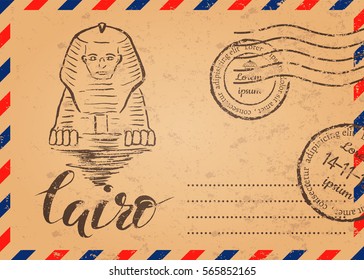 Retro envelope with stamps, Cairo label with hand drawn Sphinx, lettering Cairo