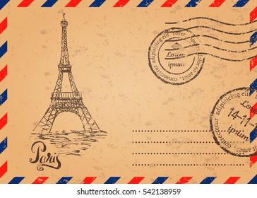 Retro envelope with stamps, Eiffel Tower, lettering Paris