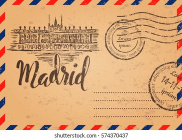 Retro envelope with stamps, Madrid label with hand drawn Royal Palace of Madrid, lettering Madrid