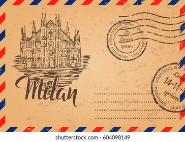 Retro envelope with stamps, Milan label with hand drawn Milan Cathedral, lettering Milan