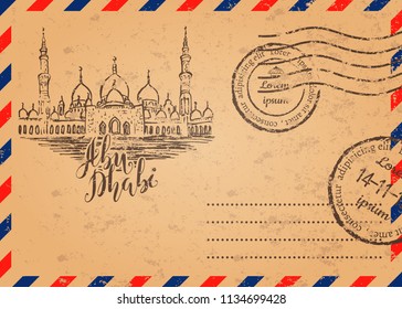 Envelope retrô com selos, Mesquita Sheikh Zayed, letras Abu Dhabi