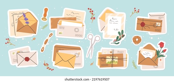 Retro envelopes mail with letters, decorated postcards set. Paper letters messages, post stamps, postmarks, sealing wax. Postal communication, correspondence background vector illustration