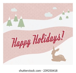 Retro eps10 holiday card with snowy landscape and deer  for web site banner, advertisement, greeting - pink version