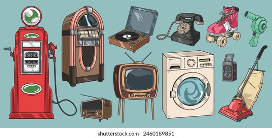 Retro equipment colorful set stickers with home appliances and car refueling terminal near jukebox for shopping centers vector illustration
