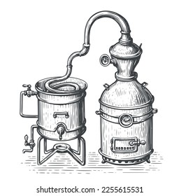 Retro equipment from copper tanks for distillation of alcohol. Distillery production vintage vector illustration