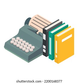 Retro equipment icon isometric vector. Vintage typewriter, book in colorful cover. Typesetting, retro technology