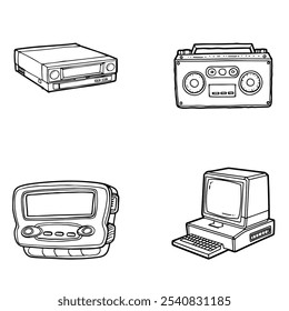 Retro equipment, old computer, pager, VHS video recorder, audio cassette recorder. Set of vector sketches in line art style