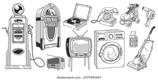 Retro equipment set labels monochrome with TV and vinyl record player near phone and vertical vacuum cleaner vector illustration