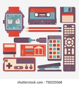 Retro equipments, accessories and things icons set.Vector illustration