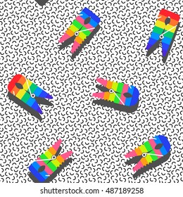 Retro erasers in rainbow colors on the curly pattern background.Seamless vintage pattern in retro 80s style.Memphis style.Can be used in textiles fashion, clothes,paper print and website backdrop.