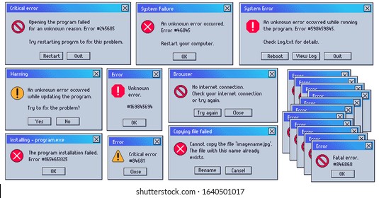 Retro error message. Old user interface system failure window, fatal and critical errors messages. Damaged computer problem warnings vector set. Failed operations or OS crash widgets with buttons.