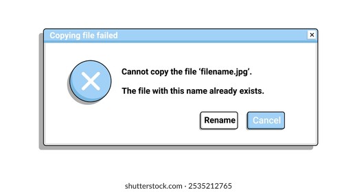 Retro error window with text. Old warning message in blue color. Desktop bug notification.