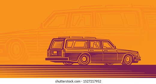 Retro Estate Car Illustration, Station Wagon Illustration, Card Template. Vector, Layered. 