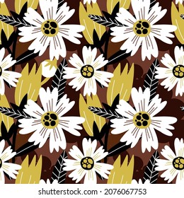 Retro ethnical floral seamless pattern in mustard yellow and brown shades. Folk design with bell-flowers, chamomiles, cherries, leaves for textile, fabric, wallpaper, wrapping paper print and design.