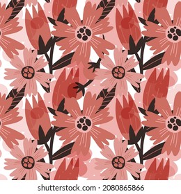 Retro ethnical floral seamless pattern in pale red shades. Folk design with bell-flowers, chamomiles, cherries, leaves for textile, fabric, wallpaper, wrapping paper, cover and other print and design.