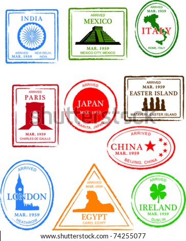 Retro European Set of Fun World Passport Stamps Vector Illustration