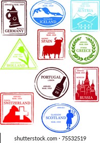 Retro European World Set of Fun Country Passport Stamps Vector Illustration