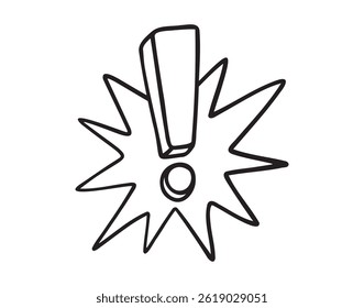 Signo de exclamación retro y el icono de explosión dibujado a mano. Clipart de dibujo de línea de signo de exclamación retro. Ilustración vectorial
