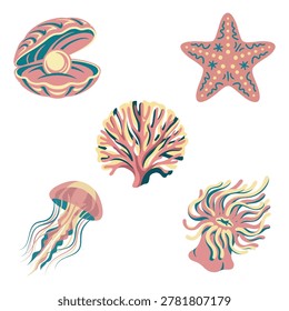 Retro Exotic Coral Reef Objects Collection with Sea Anemone Jellyfish Starfish and Pearl Shell Flat Vector Illustration Set