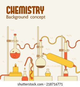 Retro experiments in a chemistry laboratory background concept. Vector illustration design