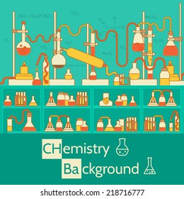 Experimentos retro en un concepto de fondo de laboratorio de química. Diseño de ilustración de vector