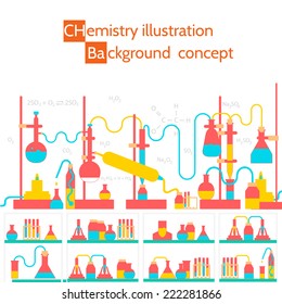 Retro experiments in a chemistry laboratory background concept. Vector illustration design