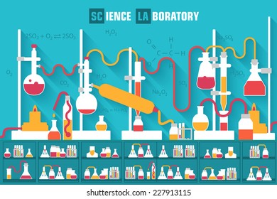 Retro experiments in a chemistry laboratory background concept. Vector illustration design