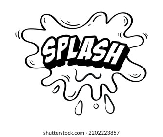 Retro explosion for comics. Abstract liquid onomatopoeic shape with drops and inscription splash. Design element for printing on clothes. Cartoon simple flat vector illustration in vintage style