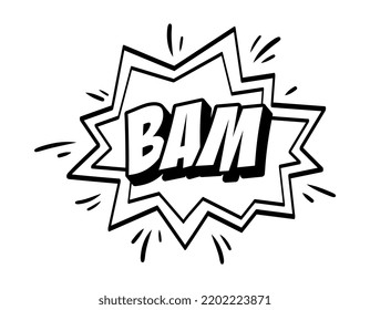 Retro explosion for comics. Pop art element with abstract onomatopoeic shape and lettering bam. Funny design element for tattoo and branding. Cartoon simple flat vector illustration in vintage style