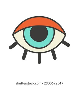 Retro eye icon with eyelashes and red shadows. Flat design style. Vector illustration.