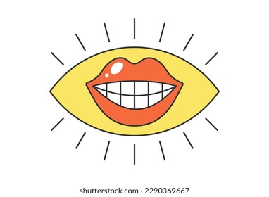 Retro eye with pink lipstick female smiling mouth. Psychedelic groovy hippie style bizarre design. Vintage hippy crazy seductive kiss pupil sticker. Abstract 60s, 70s trendy y2k. Trippy pop art. Eps
