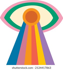 Retro eye with rainbow rays icon.