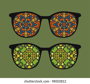 Retro eyeglasses with abstract ornament reflection in it. Vector illustration of accessory -  isolated sunglasses.