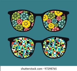 Retro eyeglasses with abstract reflection in it. Vector illustration of accessory.