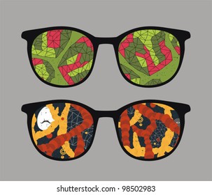 Retro eyeglasses with abstract space reflection in it. Vector illustration of accessory -  isolated sunglasses.