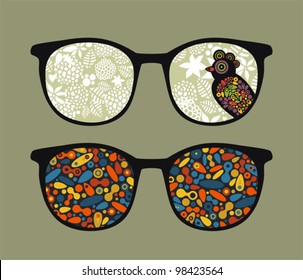Retro eyeglasses with bird and pattern reflection in it. Vector illustration of accessory -  isolated sunglasses.