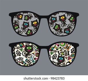 Retro eyeglasses with black cats reflection in it. Vector illustration of accessory -  isolated sunglasses.