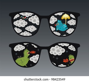 Retro eyeglasses with clouds reflection in it. Vector illustration of accessory -  isolated sunglasses.