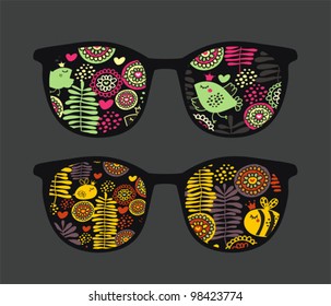 Retro eyeglasses with cute nature reflection in it. Vector illustration of accessory -  isolated sunglasses.